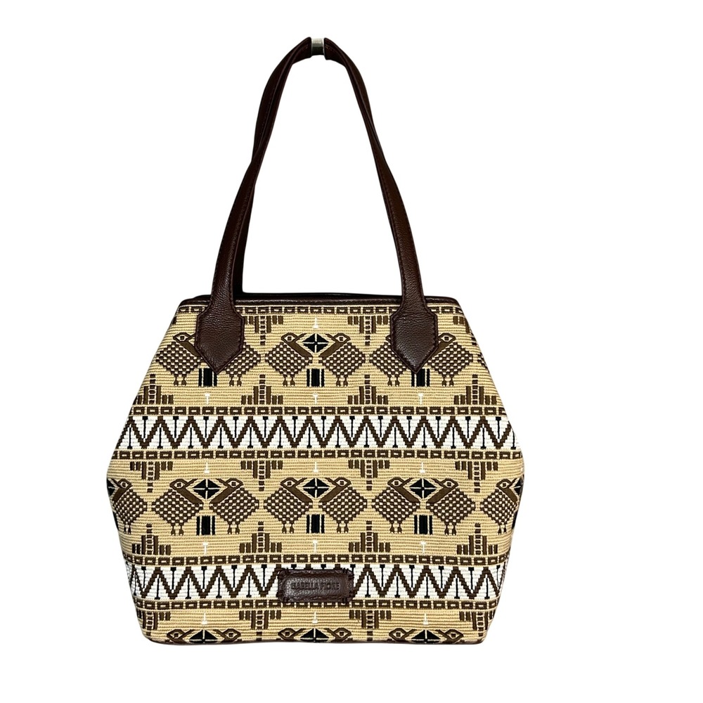 Isabella Fiore Woven‎ Tapestry Leather Tote Bag Brown Tan Rattan Bird BOHO NEW